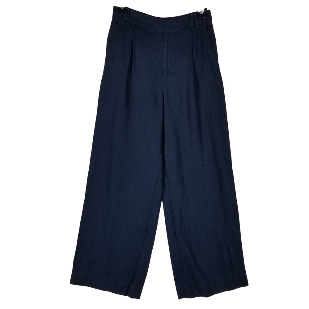 Madewell Linen Wide Leg Pants Women 4 Navy Blue Pleated High Rise Trousers